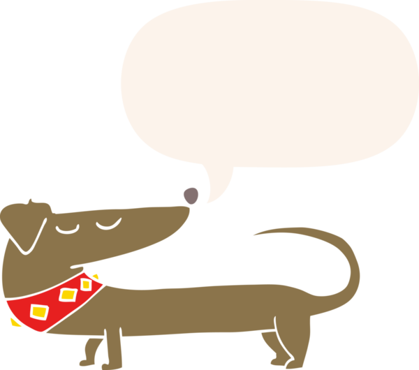 Konuşma baloncuğu olan bir insan tarafından çizilmiş bir çizgi film köpeği.