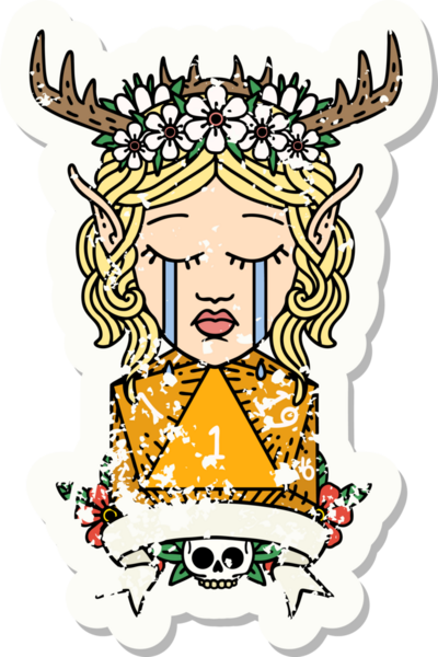 Hüzünlü bir Elf Druid karakterinin yapışkan etiketi. Doğal bir D20 ruloyla bir insan tarafından çizilmiş.