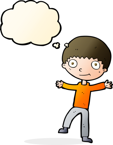 Bir insan tarafından çizilmiş düşünce balonu olan mutlu çocuk çizgi filmi.