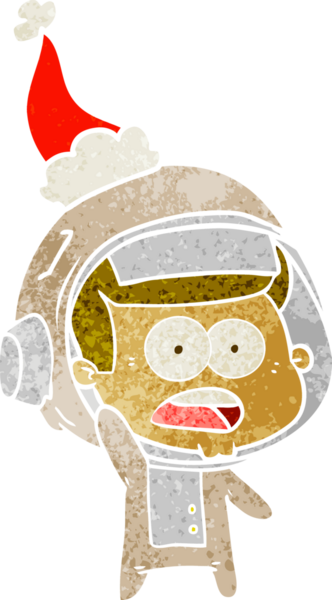 Şaşırmış bir astronotun insan tarafından çizilmiş Noel Baba şapkası giydiği el çizimi bir çizgi film.