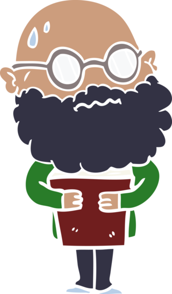 Düz renkli çizgi film. Sakallı ve gözlüklü endişeli bir adam. Bir insan çizmiş.