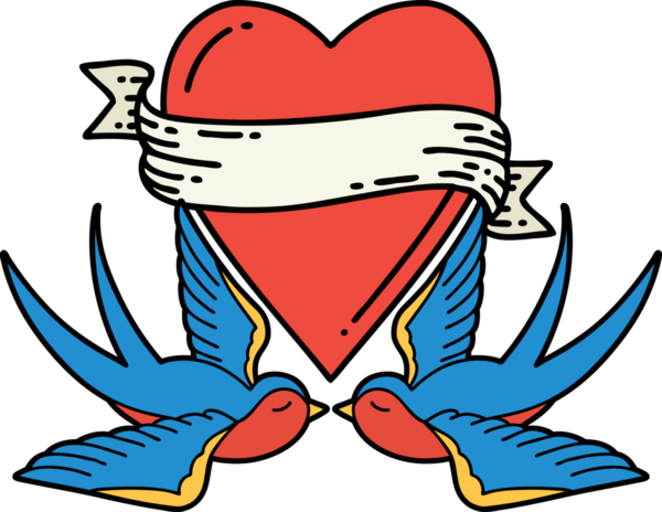 Geleneksel kırlangıç tarzında dövme ve bir insan tarafından çizilmiş sancaklı bir kalp.