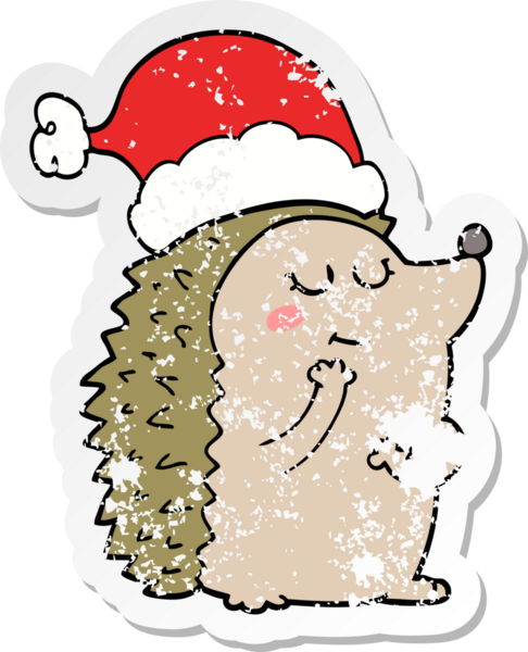 Bir insan tarafından çizilmiş Noel şapkası giyen bir kirpinin sıkıntılı çıkartması.