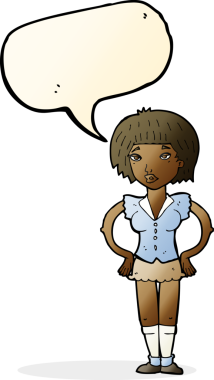 Bir insan tarafından çizilmiş konuşma balonlu elleri olan çizgi film kadını.