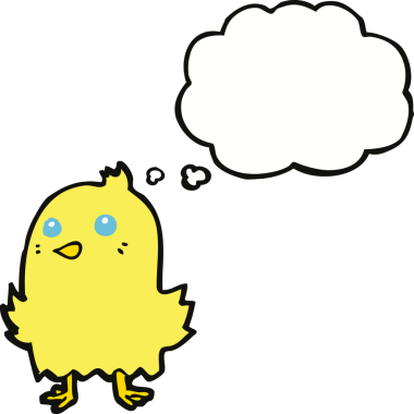 Bir insan tarafından çizilmiş düşünce baloncuklu çizgi film kuşu.