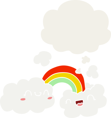 Mutlu karikatür bulutları ve gökkuşağı. Düşünce baloncuğu insan tarafından çizilmiş.