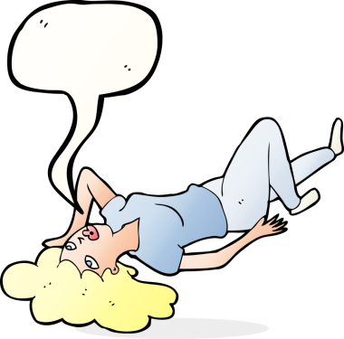 Bir insan tarafından çizilmiş konuşma baloncuğuyla yerde yatan karikatür kadın.