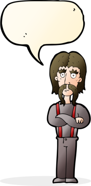 Bir insan tarafından çizilmiş, kollarını kavuşturmuş, uzun bıyıklı bir çizgi film karakteri.