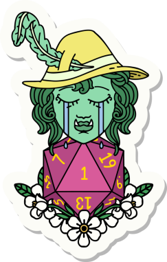 Hüzünlü bir yarım ork ozan karakterinin çıkartması. Bir insan tarafından çizilmiş doğal bir d20 rulo.