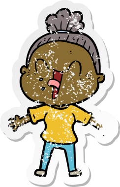 Bir insan tarafından çizilmiş mutlu, yaşlı bir kadının sıkıntılı çıkartması.