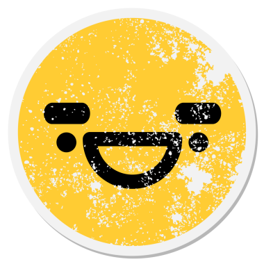 Bir insan tarafından çizilmiş mutlu, büyük kaşlı, dairesel bir etiket.