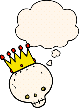 Karikatür kafatası ve insan tarafından çizilmiş düşünce baloncuğu.