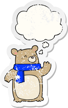 Düşünce baloncuklu bir eşarp takan çizgi film ayısı bir insan tarafından çizilmiş yıpranmış bir çıkartma gibi