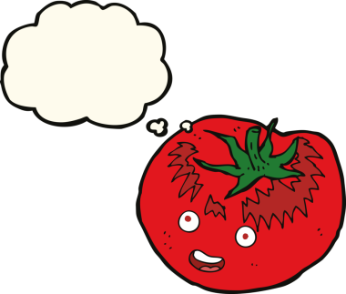 Bir insan tarafından çizilmiş düşünce baloncuklu domates.