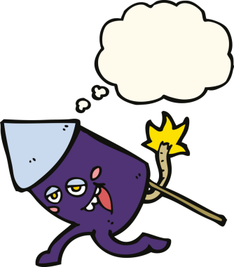 Bir insan tarafından çizilmiş düşünce baloncuklu komik havai fişek karakteri.