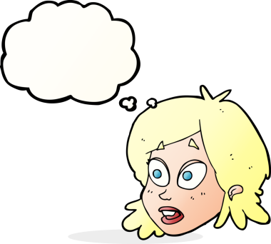 Bir insan tarafından çizilmiş düşünce baloncuğu ile şaşırmış kadın yüzü.