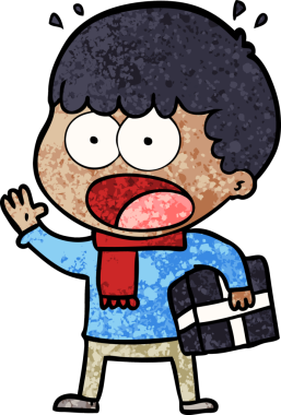 Bir insan tarafından çizilmiş bir hediyeyle şok olmuş bir adam.