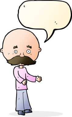 Bir insan tarafından çizilmiş konuşma balonlu bıyıklı bir çizgi film adamı.