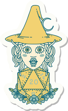 Bir insan tarafından çizilmiş doğal yirmi zarlı elf büyücü karakterinin çıkartması.