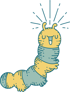 Geleneksel dövme stilinin bir insan tarafından çizilmiş mutlu tırtılın resmi