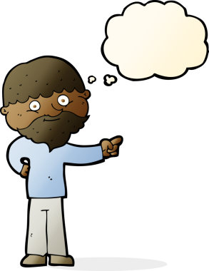 Karikatür sakallı adam bir insan tarafından çizilmiş düşünce balonuyla işaret ediyor.