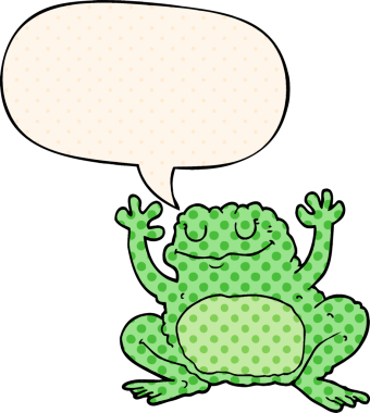 Çizgi roman tarzında konuşma balonu olan bir kurbağa insan tarafından çizilmiş.