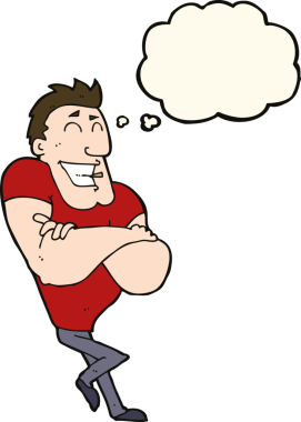 Bir insan tarafından çizilmiş düşünce balonlu kaslı adam.