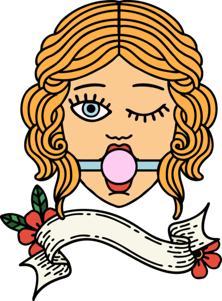 Bir insan tarafından çizilmiş bir top takan göz kırpan kadın yüzü dövmesi.