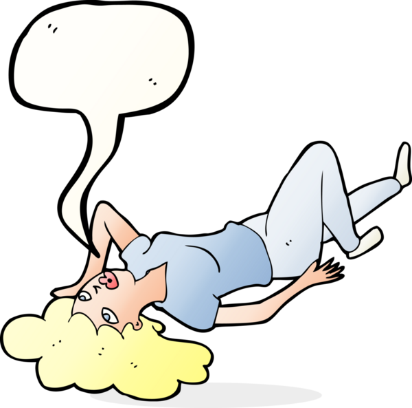 Bir insan tarafından çizilmiş konuşma baloncuğuyla yerde yatan karikatür kadın.