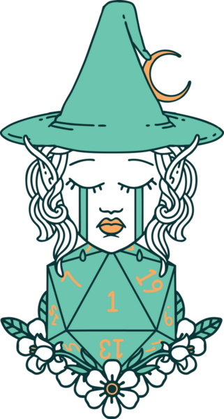 Retro Dövme Tarzı Ağlayan Elf Cadı Doğal bir D20 rulo ile Bir insan tarafından çizilmiş