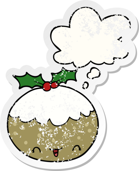 Düşünce baloncuklu tatlı çizgi film pudingi insan tarafından çizilmiş yıpranmış bir çıkartma.