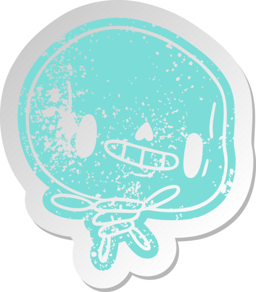 Sıkıntılı eski çizgi film çıkartması Kawaii bir insan tarafından çizilmiş sevimli ölü iskelet