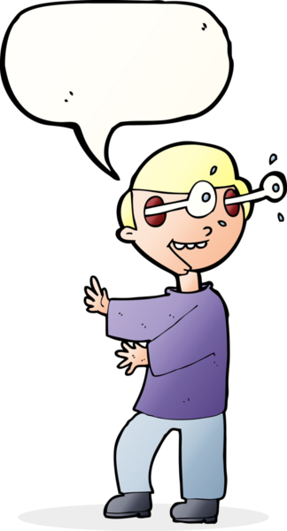 Bir insan tarafından çizilmiş konuşma baloncuğuyla gözleri fırlayan çizgi film çocuğu.