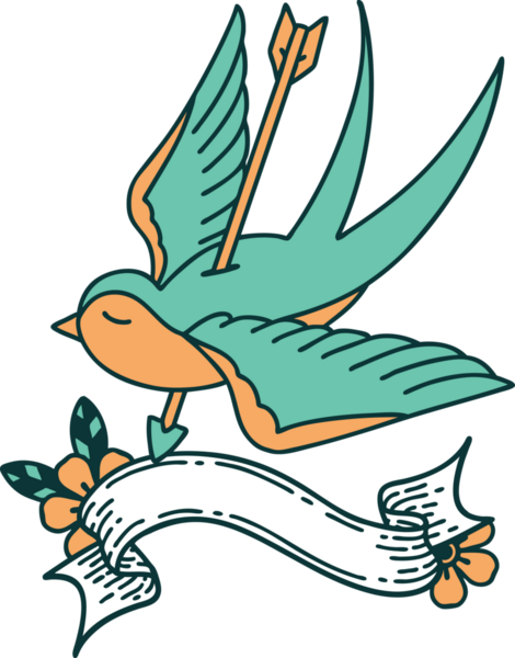 Geleneksel dövmeli bir kırlangıç sancağıyla bir insan tarafından çizilmiş bir okla