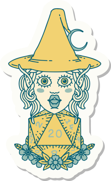 Bir insan tarafından çizilmiş doğal yirmi zarlı elf büyücü karakterinin çıkartması.