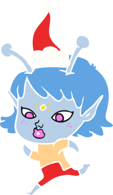 Bir insan tarafından çizilmiş Noel Baba şapkasıyla koşan yabancı bir kızın düz renkli çizimi.