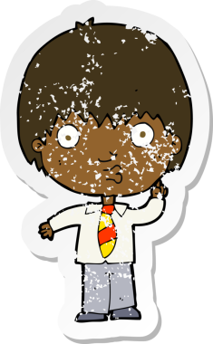 Bir insan tarafından çizilen soruya cevap veren, karikatür okullu bir çocuğun gerilimli çıkartması.