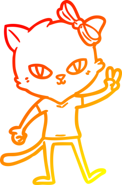 Bir insan tarafından çizilmiş barış işareti veren sevimli bir kedi çizgi film çizimi.