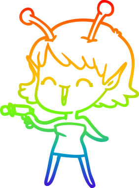 Gökkuşağı gradyan çizgi çizimi bir insan tarafından çizilmiş uzaylı bir kızın gülüşü.