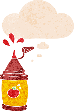 Düşünce baloncuklu ketçap şişesi grunge sıkıntılı retro dokuma tarzı bir insan tarafından çizilmiş