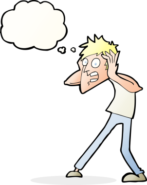 Bir insan tarafından çizilen düşünce baloncuğuyla panikleyen çizgi film adamı.