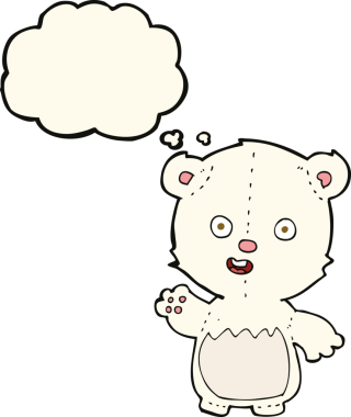 Bir insan tarafından çizilmiş düşünce baloncuğu ile kutup ayısı yavrusu sallayan çizgi film