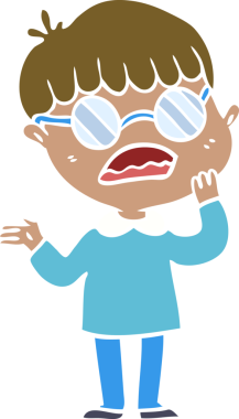 Düz renkli çizgi film kafası karışmış gözlük takan çocuk bir insan tarafından çizilmiş.