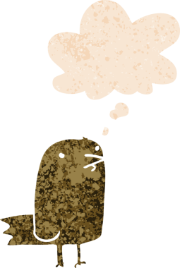 Düşünce baloncuğu ve grunge ile çizgi film kuşu bir insan tarafından çizilmiş sıkıntılı retro tarzı