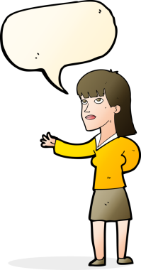 Bir insan tarafından çizilen konuşma baloncuğuyla açıklayan çizgi film kadını.