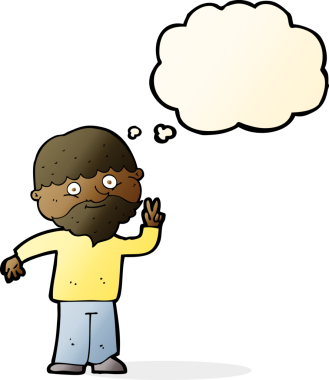 Bir insan tarafından çizilmiş düşünce baloncuğuyla barış işareti yapan çizgi film adamı.