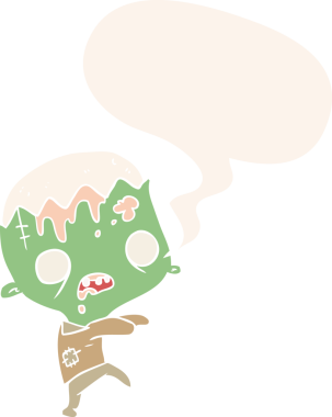 Retro tarzı konuşma balonu olan sevimli çizgi roman zombisi insan tarafından çizilmiş.