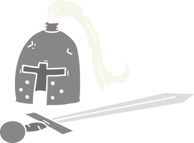 Bir insan tarafından çizilmiş ortaçağ miğferi ve kılıç karalaması.