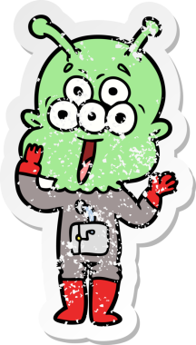 Bir insan tarafından çizilmiş mutlu çizgi film uzaylısının sıkıntılı çıkartması.