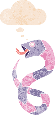 Düşünce baloncuklu çizgi film yılanı grunge dertli eski moda bir insan tarafından çizilmiş.